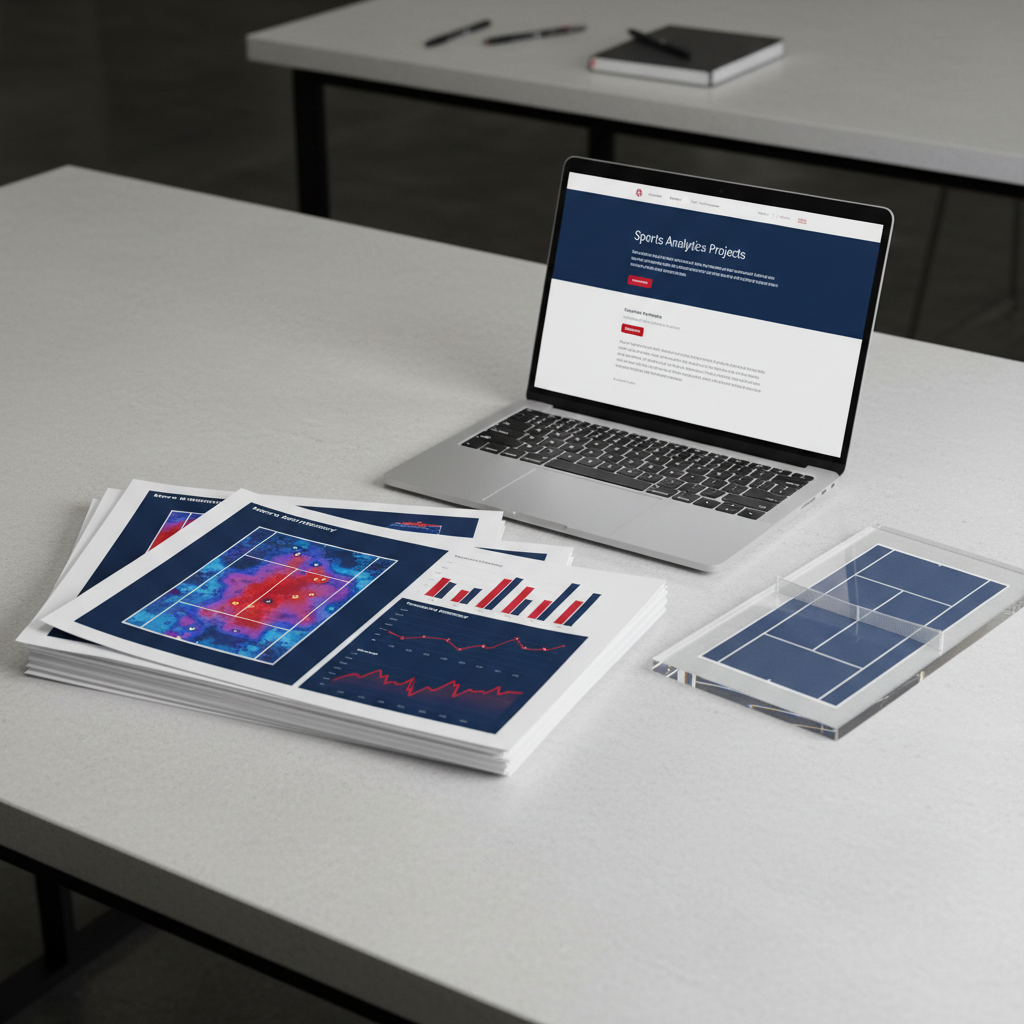 A clean, modern portfolio presentation scene on a light gray table, featuring a stack of printed project briefs with bold, full-page data visualizations from men’s tennis studies: colorful serve location maps, efficiency bar charts, and temporal performance trends. Beside them lies a slim silver laptop showing a polished homepage titled "Sports Analytics Projects" with a minimalist, Samford-inspired color palette of navy, red, and white. A clear acrylic tennis court model with etched lines rests nearby as a conceptual centerpiece. Soft studio lighting from two sides produces even illumination and gentle, professional shadows. Photographic realism from a slightly elevated, three-quarter angle, creating a calm, academic, and highly organized atmosphere ideal for a student portfolio.
